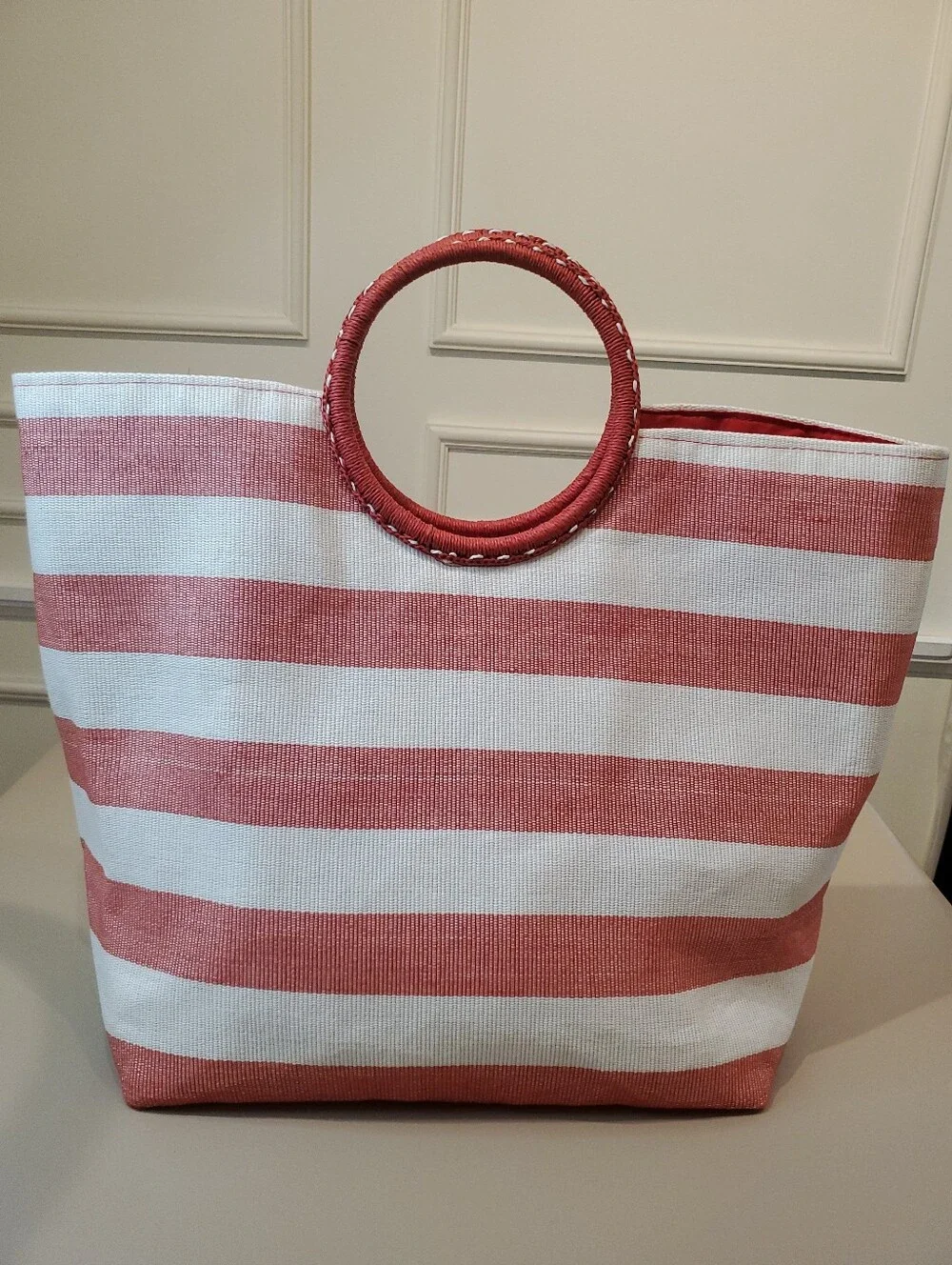 Red & White Striped Beach Tote Bag Hoop Handle Summer Canvas